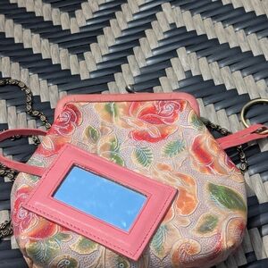 Vintage Isabella Fiore Chain Pink Coin Purse Floral Applique With Mirror